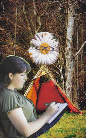 A SoulCollage card of a woman writing in a jounal in front of a red tent. There is a daisy with sunglasses above the tent.