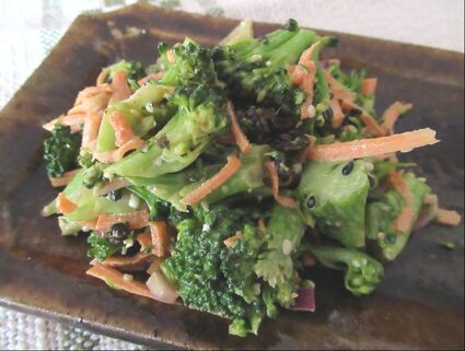 Broccoli salad on a platter made by Willi Singleton.