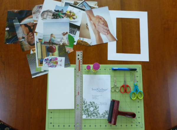 A table set up for a SoulCollage® workshop.